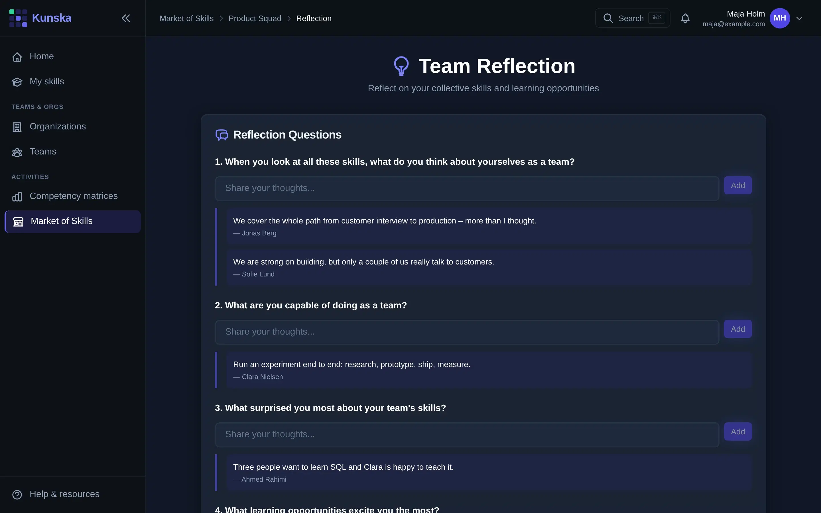 The reflection: the four opening questions, with the team’s answers as they come in.